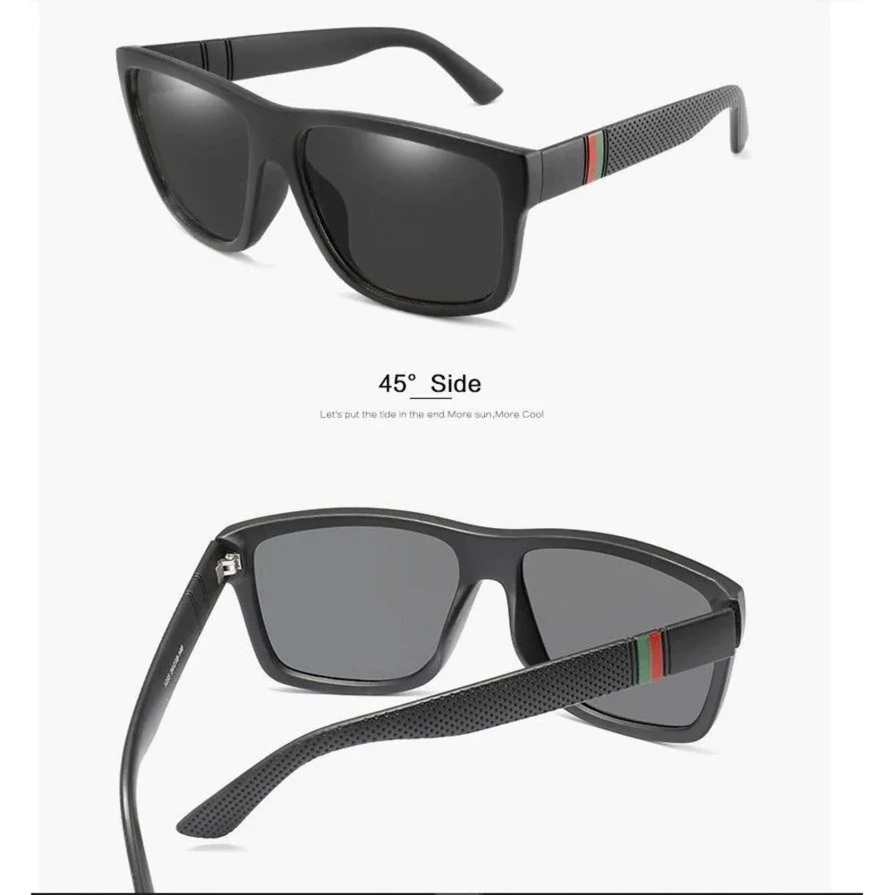 Mens Black Polarized Sunglasses Square Frame Red Green Stripe Detail Performance
